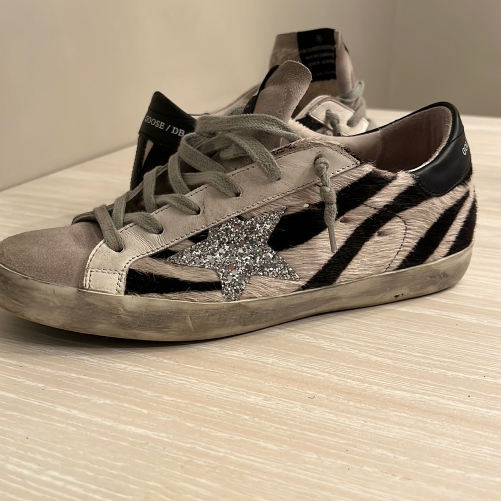Golden Goose deluxe brand ponyhair zebra/silver glitter sneakers. Size 38 (euro)